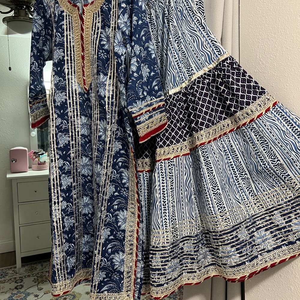 Floral Blue and White Dress with Red Accents